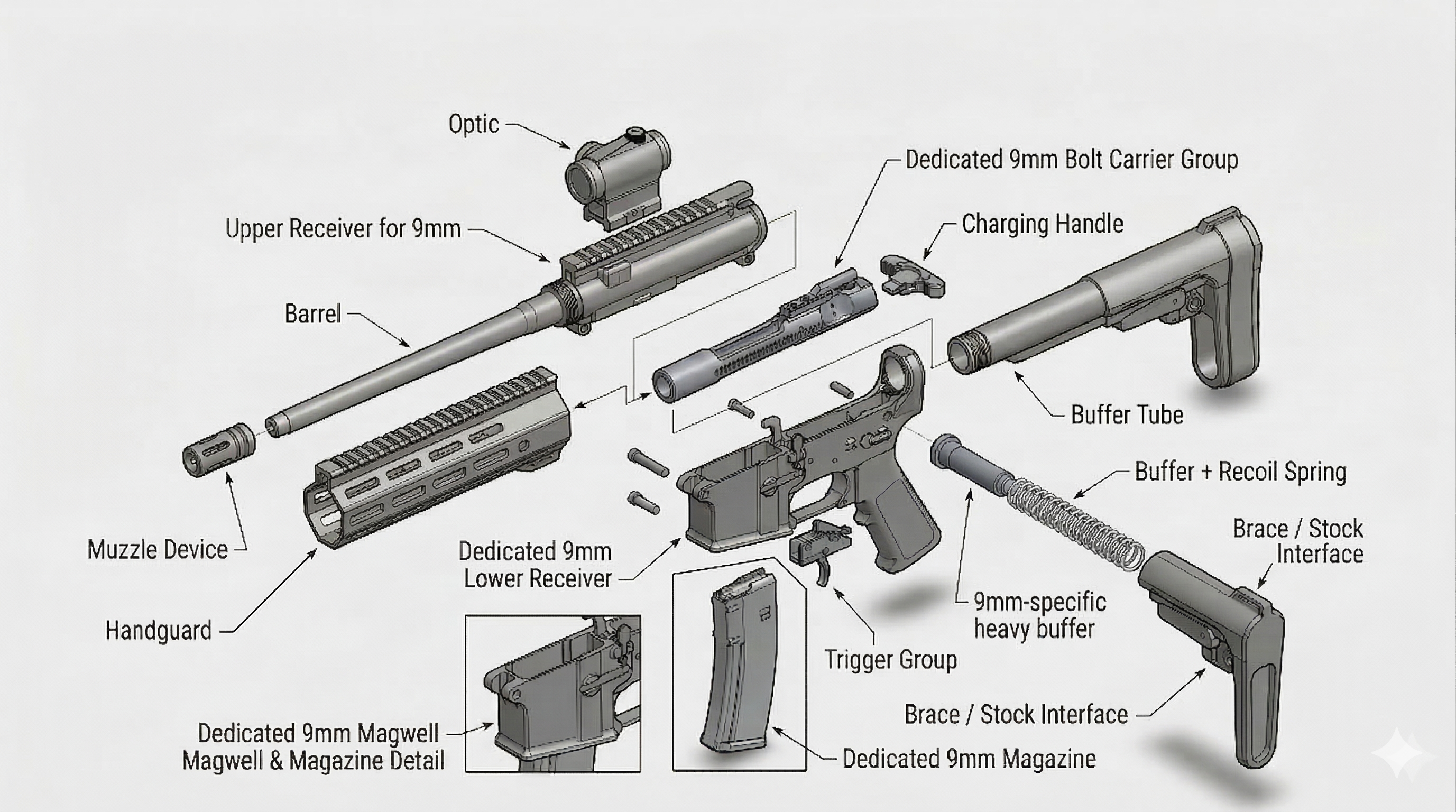 9mm blowback AR platform architecture (EndoMag conversion)